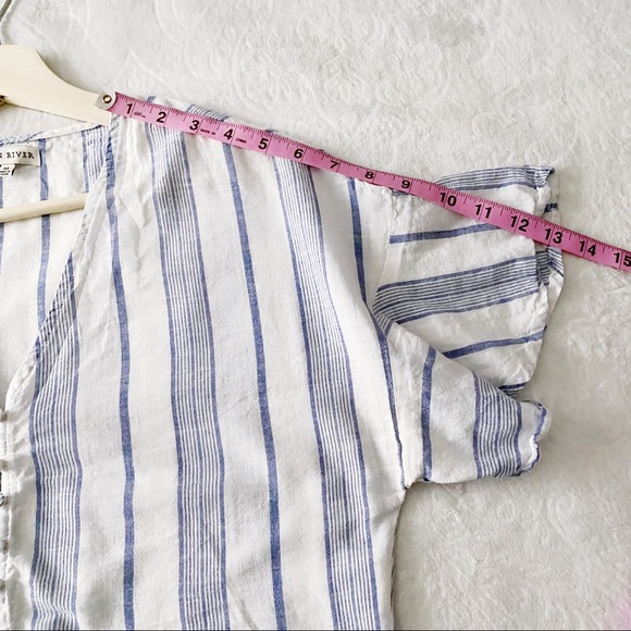 Moon River White Cotton + Blue Stripe Button Down Tied Waist Top - Picture 5 of 11